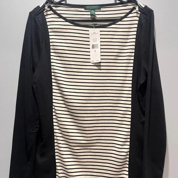 Women's Lauren Ralph Lauren XL /White Black Striped Long Sleeve Shirt Top NWT - Picture 1 of 9
